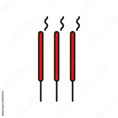 Three burning korean incense stick isolated color line icon. Vector buddhist indian sandalwood sticks for meditation and relaxation. Creative aroma burning sticks with smoke, Chinese New Year element