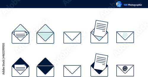 set d'icônes représentant des enveloppes, du courrier ou email dans le cadre du travail de bureau