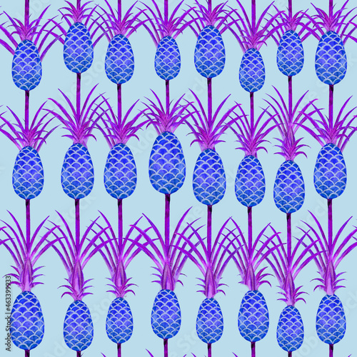 Seamless pattern with blue and purple pineapples.
