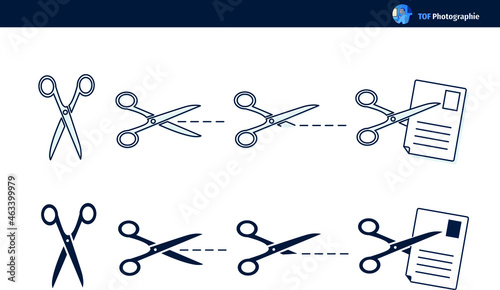 set d'icônes ou pictogrammes représentant des ciseaux qui découpent des pointillés ou une feuille de papier