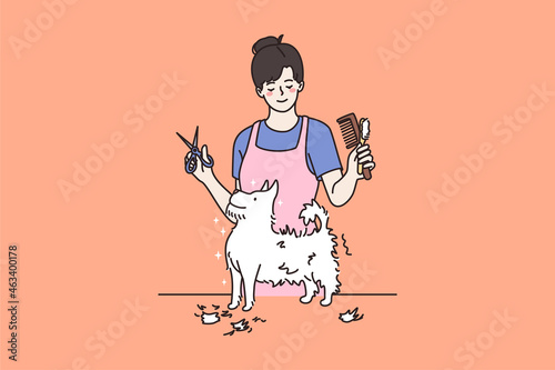 Smiling woman groom fluffy small puppy in salon. Female groomer work trim little dog in hair saloon. Taking care of domestic pet animals. Good quality service. Cartoon character, vector illustration. 