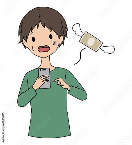 スマホを操作している焦っている男性と飛んでいくお金