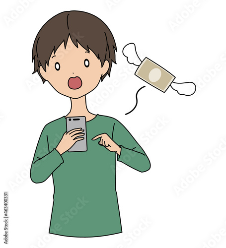 スマホを操作している呆然としている男性と飛んでいくお金