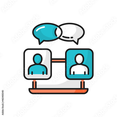 Online meeting chat conference, speech bubbles isolated color line icon. Vector distant education, teacher and student, teamwork collaboration. Team communication, two people speaking, speech bubbles