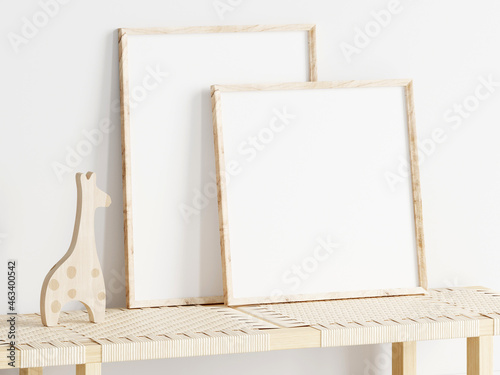 poster frame mockup in boho modern kids room interior in jungle style, 3d render