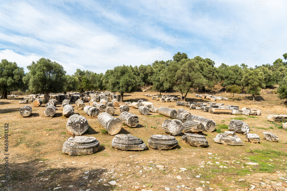 Fragments of columns on the ground at Euromos ancient site in Mugla province of Turkey.