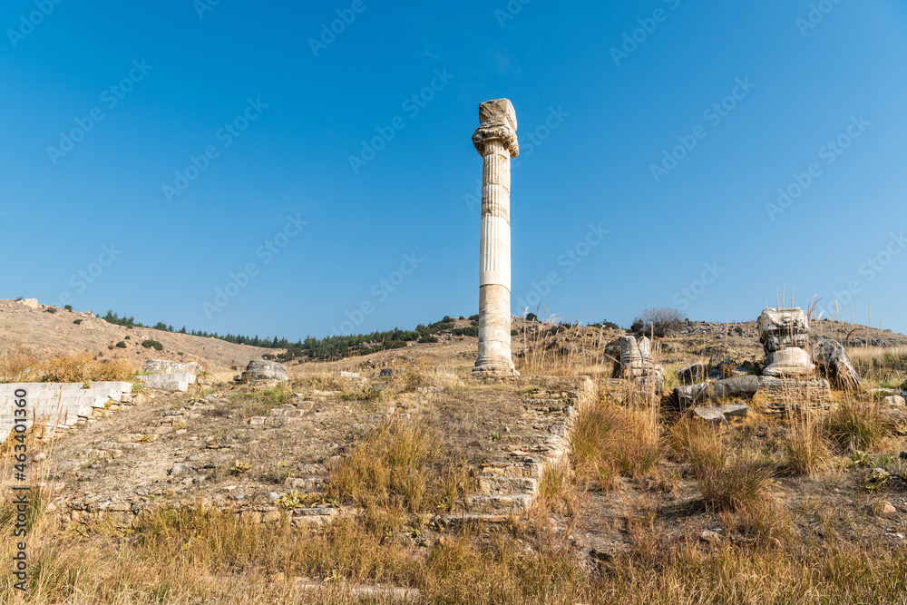Lonely column standing among the Agora of Hierapolis ancient site in Denizli province of Turkey.