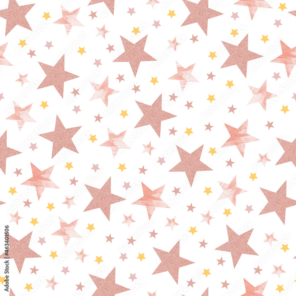 Obraz premium Pink stars on a white background. Seamless pattern for printing on fabric. Top view.