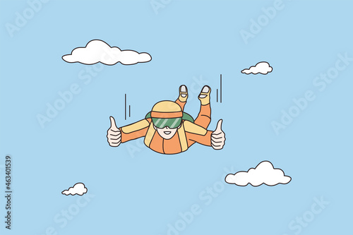 Happy parachutist flying in skies enjoy active sport lifestyle. Smiling parachute skydiver jump from air. Skydiving, extreme entertainment concept. Cartoon character, flat vector illustration. 
