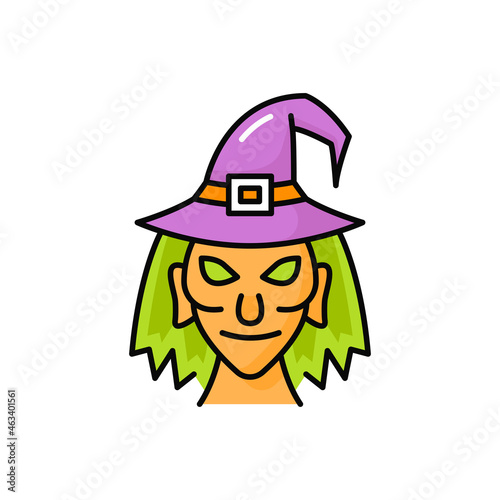 Ugly old witch in hat isolated head face line icon. Vector Halloween lady in old fashion headwear. Magician baba yaga. Scary magic wicked female sorceress with ugly face, green hair in purple hat