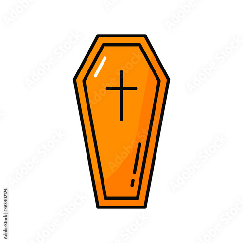 Funeral closed coffin burial box isolated color line icon. Vector Halloween symbol, last bed, wooden box, burial closed case with dead. Long narrow case of wood for buried or cremated corpse