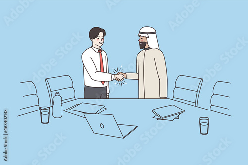 Multiracial business partners clients shake hand after successful meeting negotiation in office. Smiling multiethnic arab and Caucasian businessmen handshake close deal. Vector illustration. 