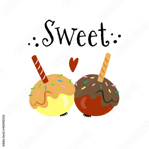 Lettering - Sweet - with two caramelized apples and a small heart vector illustration