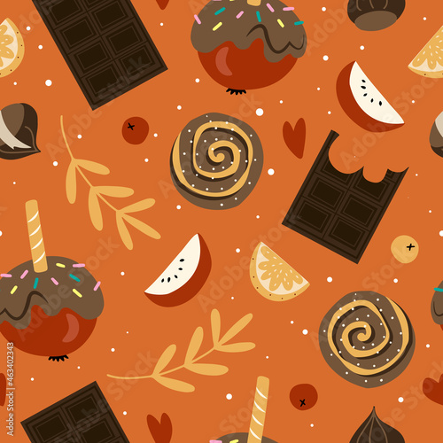 Vector seamless pattern with cold weather cozy sweets, caramelized apples, chocolate and cinnamon buns