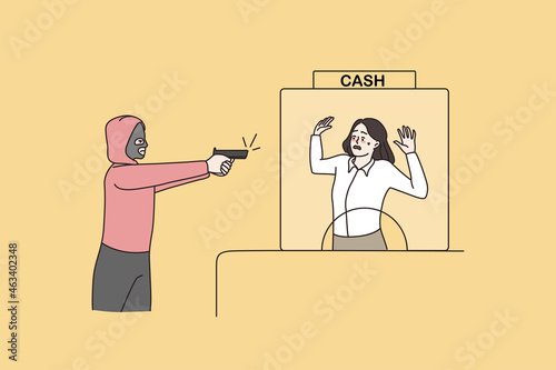 Armed criminal in mask threaten bank employee with gun commit robbery. Thief robber demand cash endanger female clerk with weapon. Money theft, burglary. Flat vector illustration. 