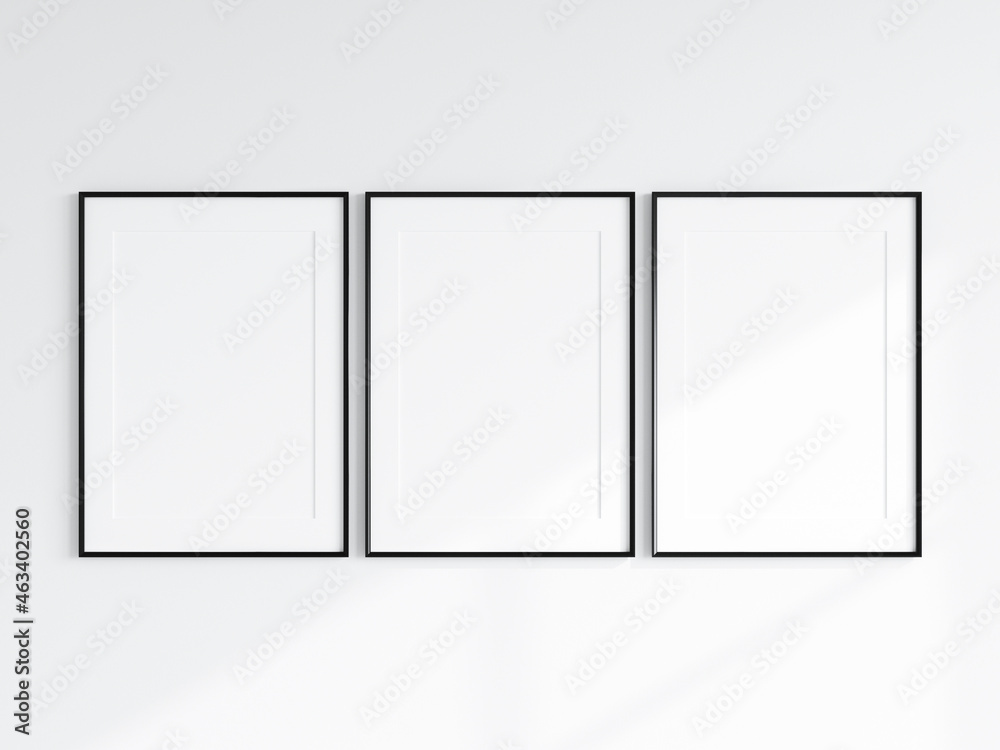 gallery frame mockup, three black frames with matt on the wall, 3d render gallery frame mockup, three black frames with matt on the wall, 3d render