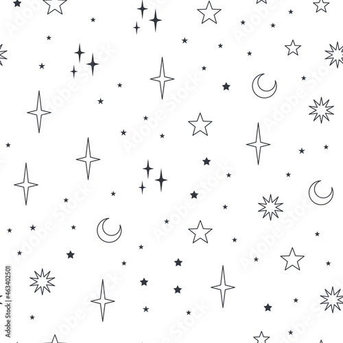 Stars seamless pattern with sun, moon. Mystical esoteric background for astrology design. Cosmos and space texture background.