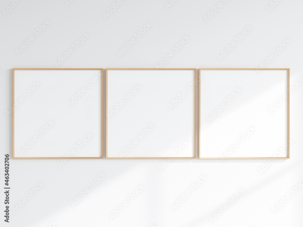poster frame mockup, square three square wooden frames on the wall, 3d render poster frame mockup, square three square wooden frames on the wall, 3d render