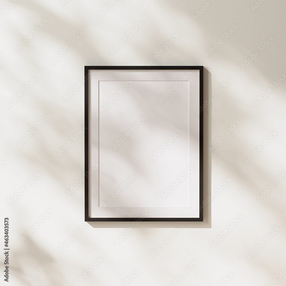 empty black vertical poster frame with mat mock up with leaves shadows and sunlight on white wall background, 3d rendering empty black vertical poster frame with mat mock up with leaves shadows and sunlight on white wall background, 3d rendering