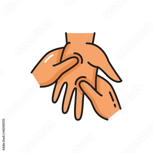 Doctor massaging human palm, hand massage isolated outline icon. Vector osteopathic therapy, doctor therapist massaging female arm. Arthritis, reflexology and rheumatoid, medical healthcare