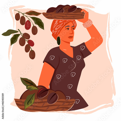 Decorative element for coffee pack or coffeehouse with woman carrying harvest of coffee beans, flat vector illustration isolated on white background.