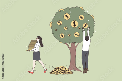 Businesspeople collect money coins from tree, get dividend from successful business investment. Happy employees reap cash harvest, benefit from successful deal. Passive income. Vector illustration. 
