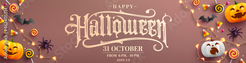 Happy Halloween party Poster or banner with Ghost Pumpkin,bat,candy and Halloween Elements.Website spooky,Background or banner halloween template.Vector illustration eps 10