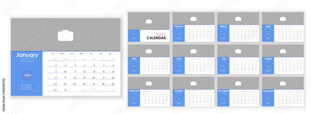 Desktop Monthly Photo Calendar 2022. Simple monthly horizontal photo calendar Design 2022 year in English. Cover Calendar and 12 months templates. Sunday week start. Vector illustration Desktop Monthly Photo Calendar 2022. Simple monthly horizontal photo calendar Design 2022 year in English. Cover Calendar and 12 months templates. Sunday week start. Vector illustration