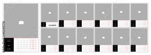 Wall Monthly Photo Calendar 2022. Simple monthly vertical photo calendar Design for 2022 year in English. Cover Calendar and 12 months templates. Monday week start. Vector illustration