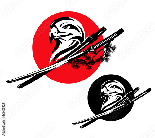 falcon bird profile head and japanese samurai katana sword against red sun circle - vector design set of bushido way