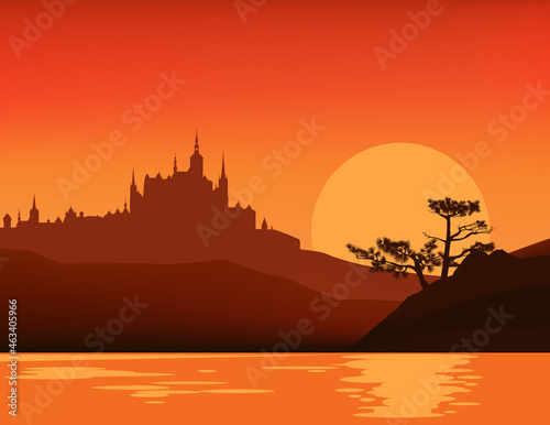 fantasy scene with sunset sky, lake shore, pine tree and medieval castle silhouette - fairy tale vector copy space background