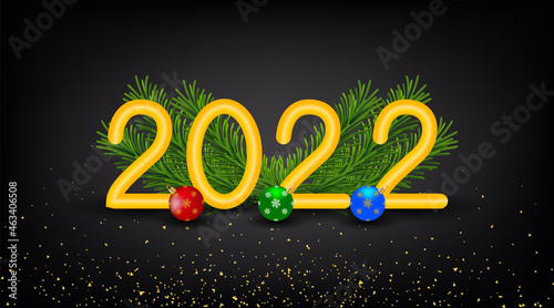 2022 dorado. happy new year 2022, lettering with pine symbols and christmas balls
