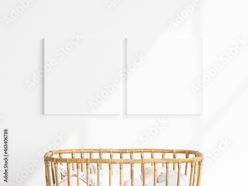 Fotografiet nursery frame mockup, two square frames on the white wall