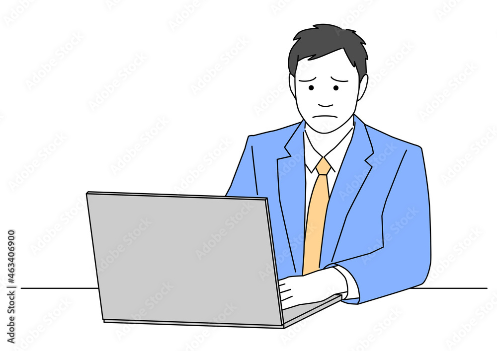 パソコン操作で困るビジネスマン-青色 パソコン操作で困るビジネスマン-青色