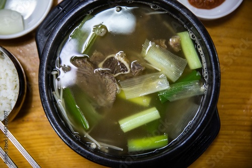 Galbitang stewed with beef ribs in an earthenware pot, Korean traditional food,