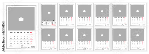 Wall Monthly Photo Calendar 2022. Simple monthly vertical photo calendar Design for 2022 year in English. Cover Calendar and 12 months templates. Monday week start. Vector illustration
