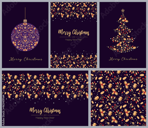 Bright set artistic template Merry Christmas. Winter Christmas ball, tree, deer, stars, berries, holly. In gold, red and purple festive colors. Vintage style. For posters, cards, flyer.