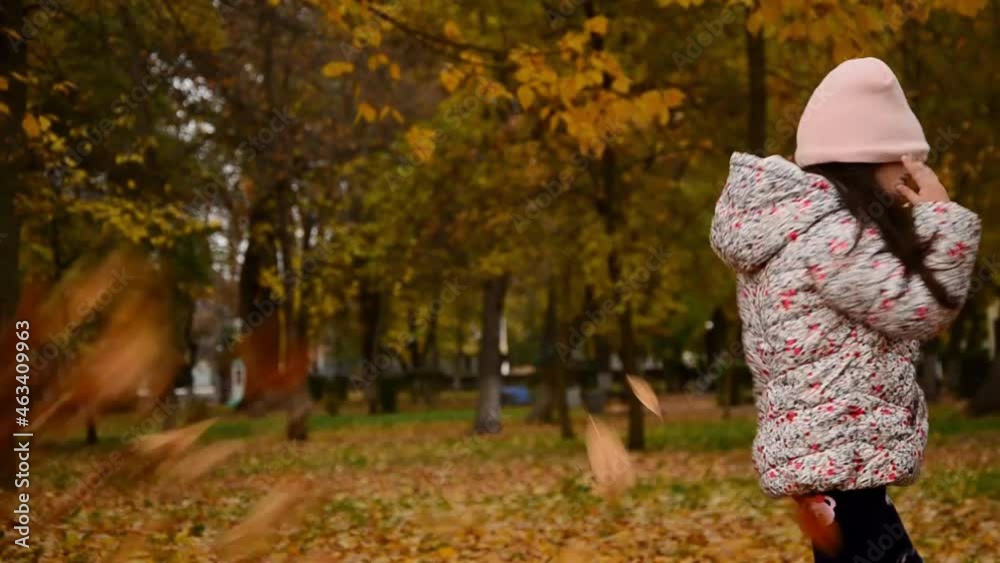 Child in the fall. The child is spinning under the autumn leaves. Happy girl throws autumn leaves. The child walks through the autumn forest. Happy little girl plays with autumn leaves. Leaf fall. Child in the fall. The child is spinning under the autumn leaves. Happy girl throws autumn leaves. The child walks through the autumn forest. Happy little girl plays with autumn leaves. Leaf fall.