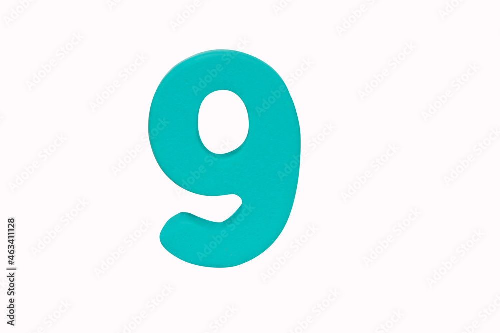 Blue wooden arabic number nine Isolated on white background. Wooden jigsaw blue tangram puzzle as shape Blue wooden arabic number nine Isolated on white background. Wooden jigsaw blue tangram puzzle as shape