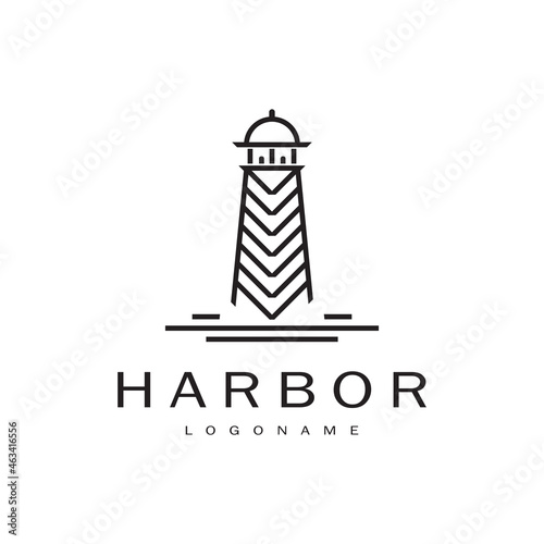 Lighthouse Logo Line Art. Searchlight Beacon Tower Island Beach. Beach Simple Line Art design isolated on white background. Design vector icon illustration.