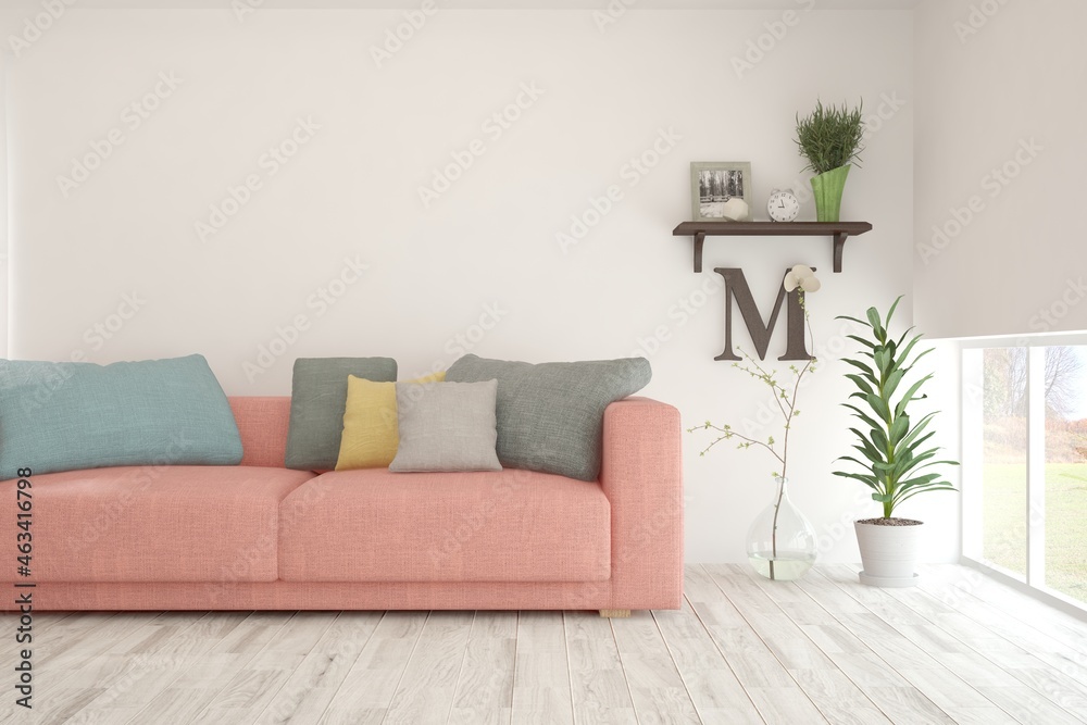 Obraz premium Soft color living room with sofa. Scandinavian interior design. 3D illustration