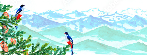 Watercolor banner winter landscape.Mountains and forest. Winter birds.Postcard and background