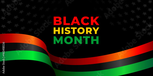 Black history month. Vector web banner, poster, card for social media, networks. Pan-African flag and the text of black history month on a black background with stars.