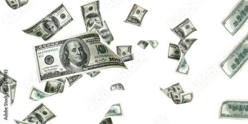 Money stack. Hundred dollars of America. Falling money isolated, us bill white background.