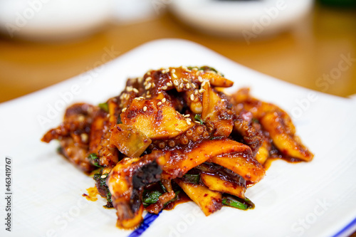 Squid cooked with red pepper paste, seasoning and vegetables, Korean traditional food,