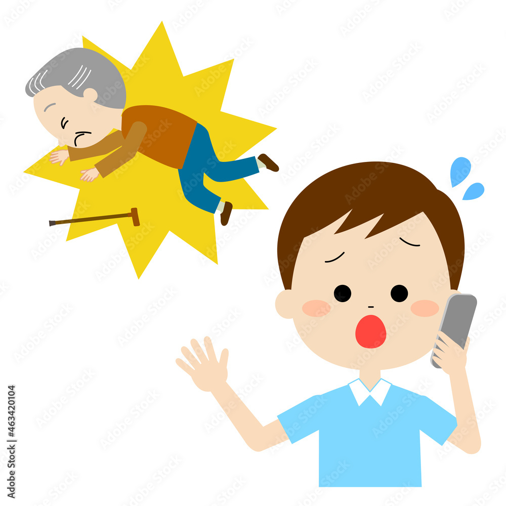 倒れている高齢男性と電話連絡している男性 倒れている高齢男性と電話連絡している男性