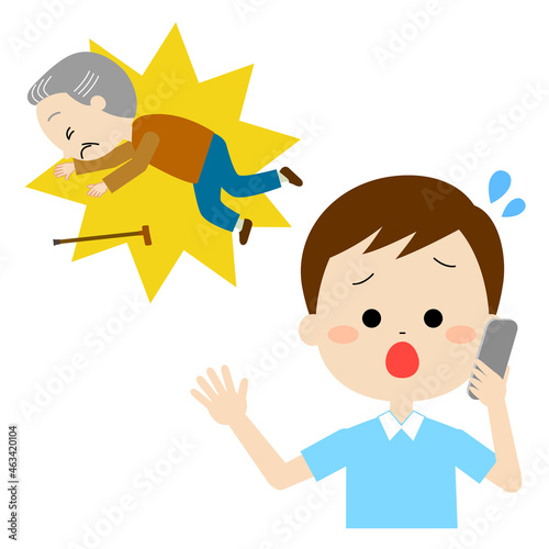 倒れている高齢男性と電話連絡している男性