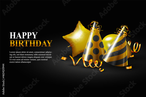 Happy birthday background with realistic balloon and hat birthday. Vector.