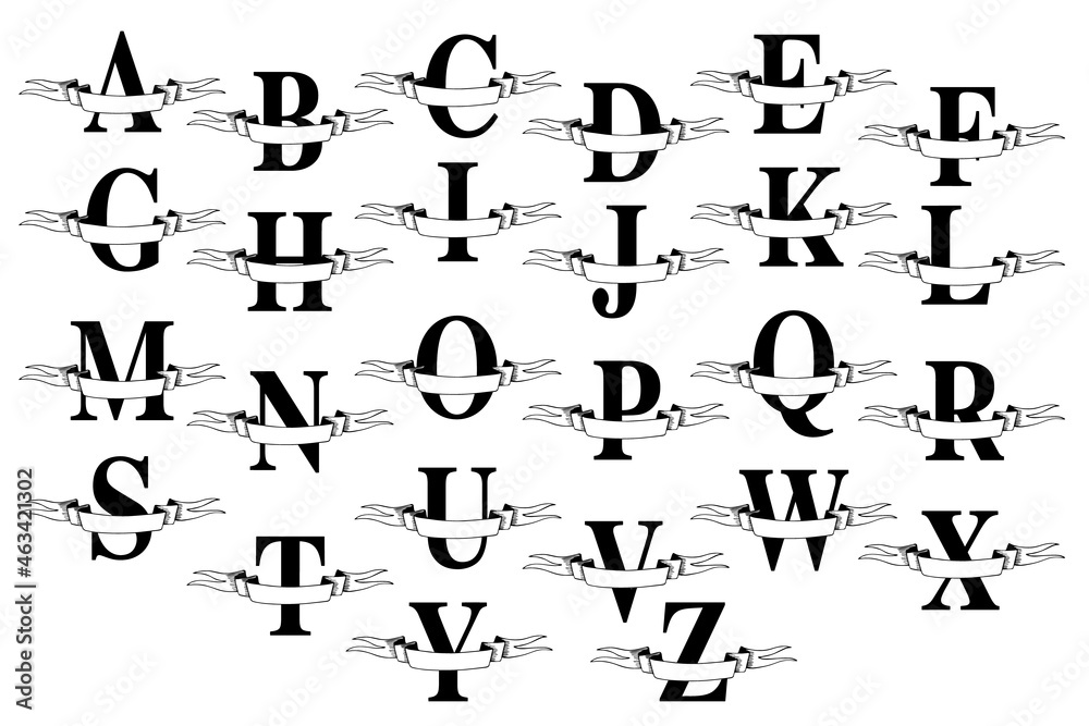 Universal monogram Latin alphabet with ribbon banners on white background Universal monogram Latin alphabet with ribbon banners on white background