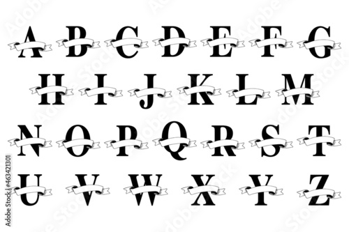 Monogram Latin alphabet with ribbon banners on white background